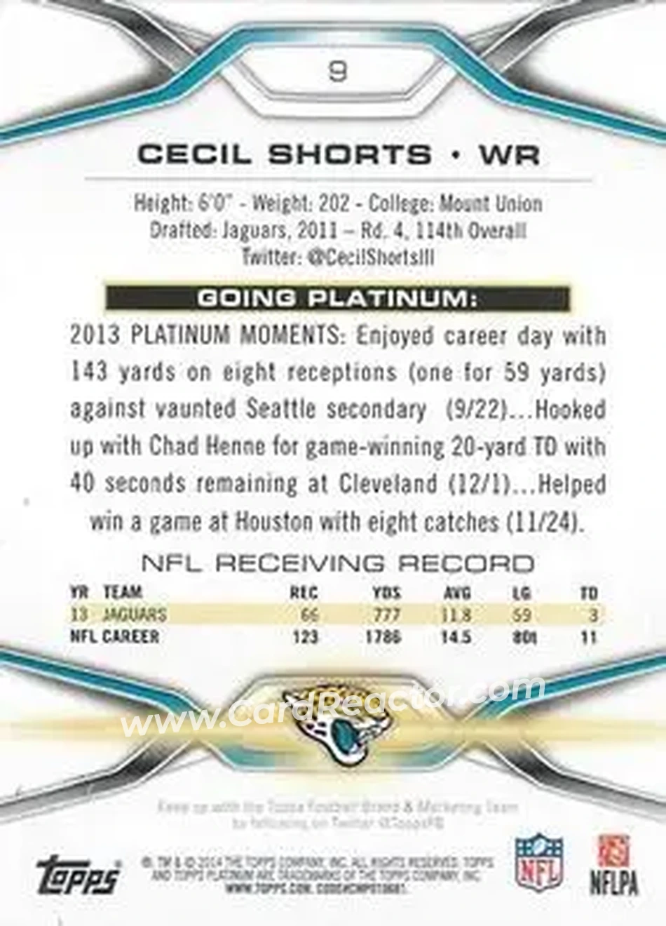 2014 Topps Platinum #9 - Cecil Shorts III - Jacksonville Jaguars - Back