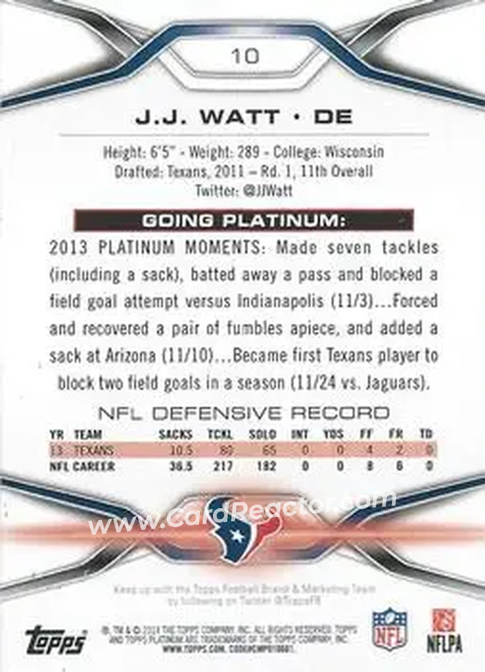 2014 Topps Platinum #10 - J.J. Watt - Houston Texans - Back