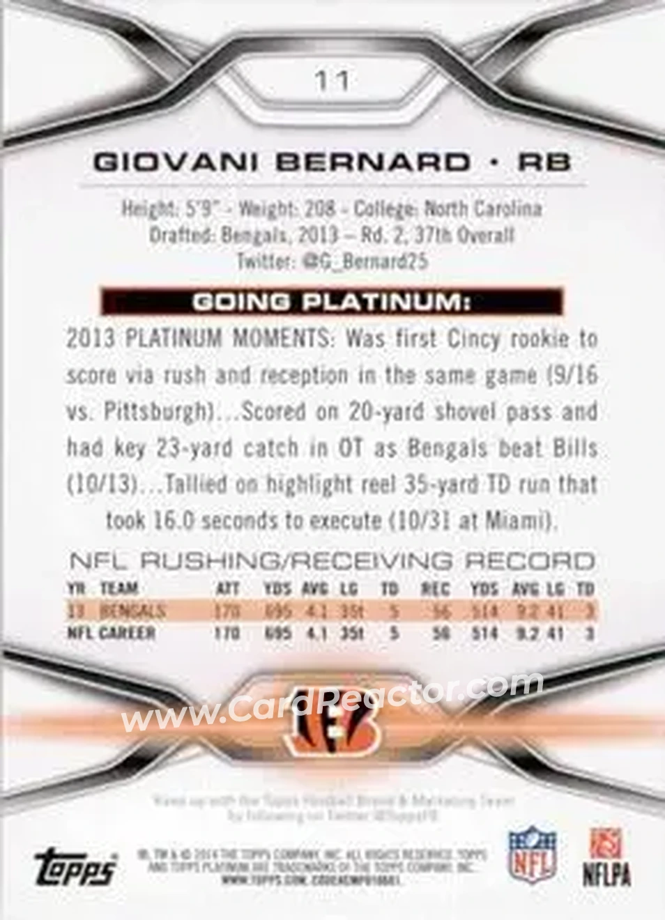 2014 Topps Platinum #11 - Giovani Bernard - Cincinnati Bengals - Back