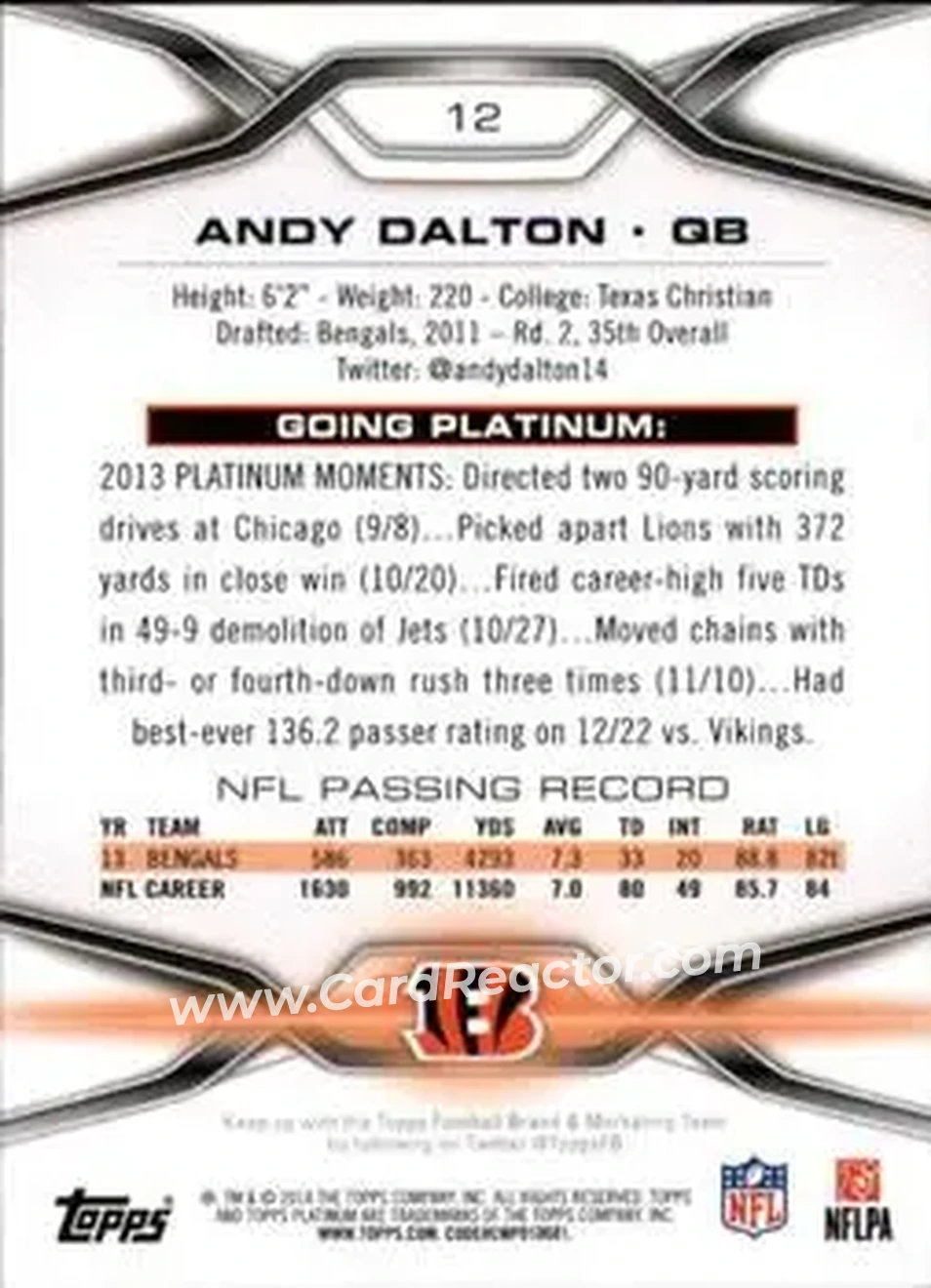 2014 Topps Platinum #12 - Andy Dalton - Cincinnati Bengals - Back