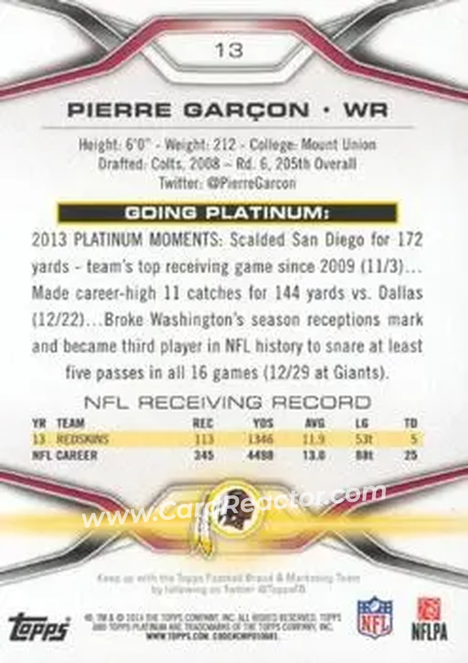 2014 Topps Platinum #13 - Pierre Garcon - Washington Redskins - Back