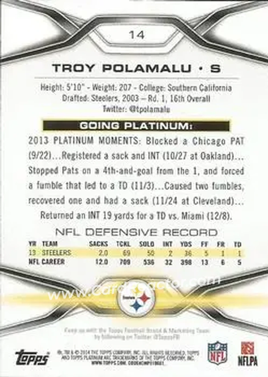 2014 Topps Platinum #14 - Troy Polamalu - Pittsburgh Steelers - Back