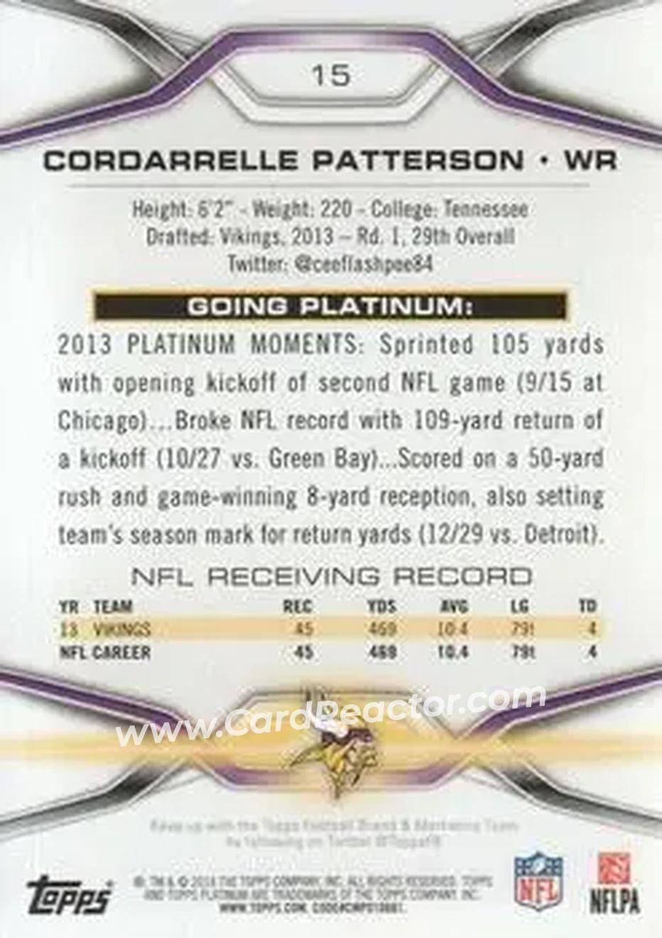 2014 Topps Platinum #15 - Cordarrelle Patterson - Minnesota Vikings - Back