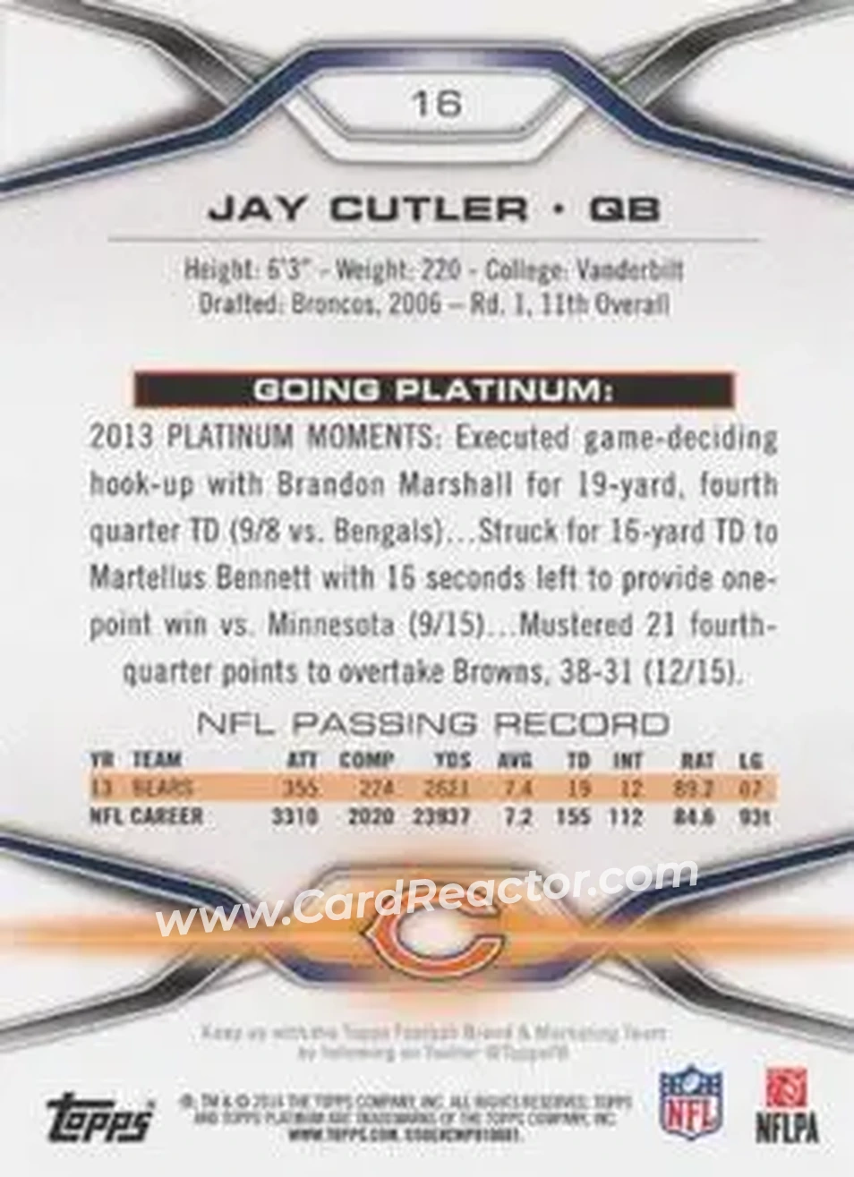 2014 Topps Platinum #16 - Jay Cutler - Chicago Bears - Back
