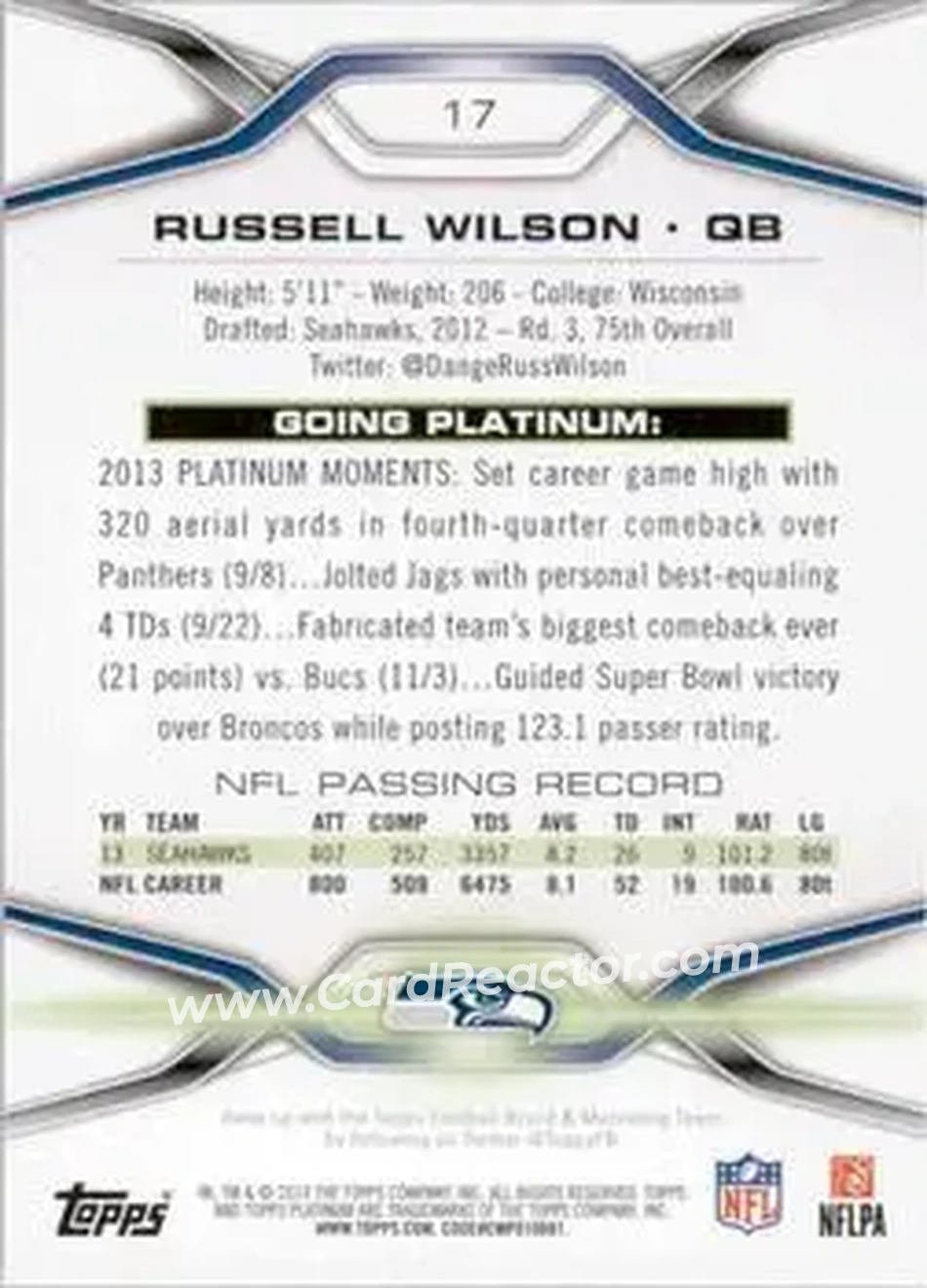 2014 Topps Platinum #17 - Russell Wilson - Seattle Seahawks - Back
