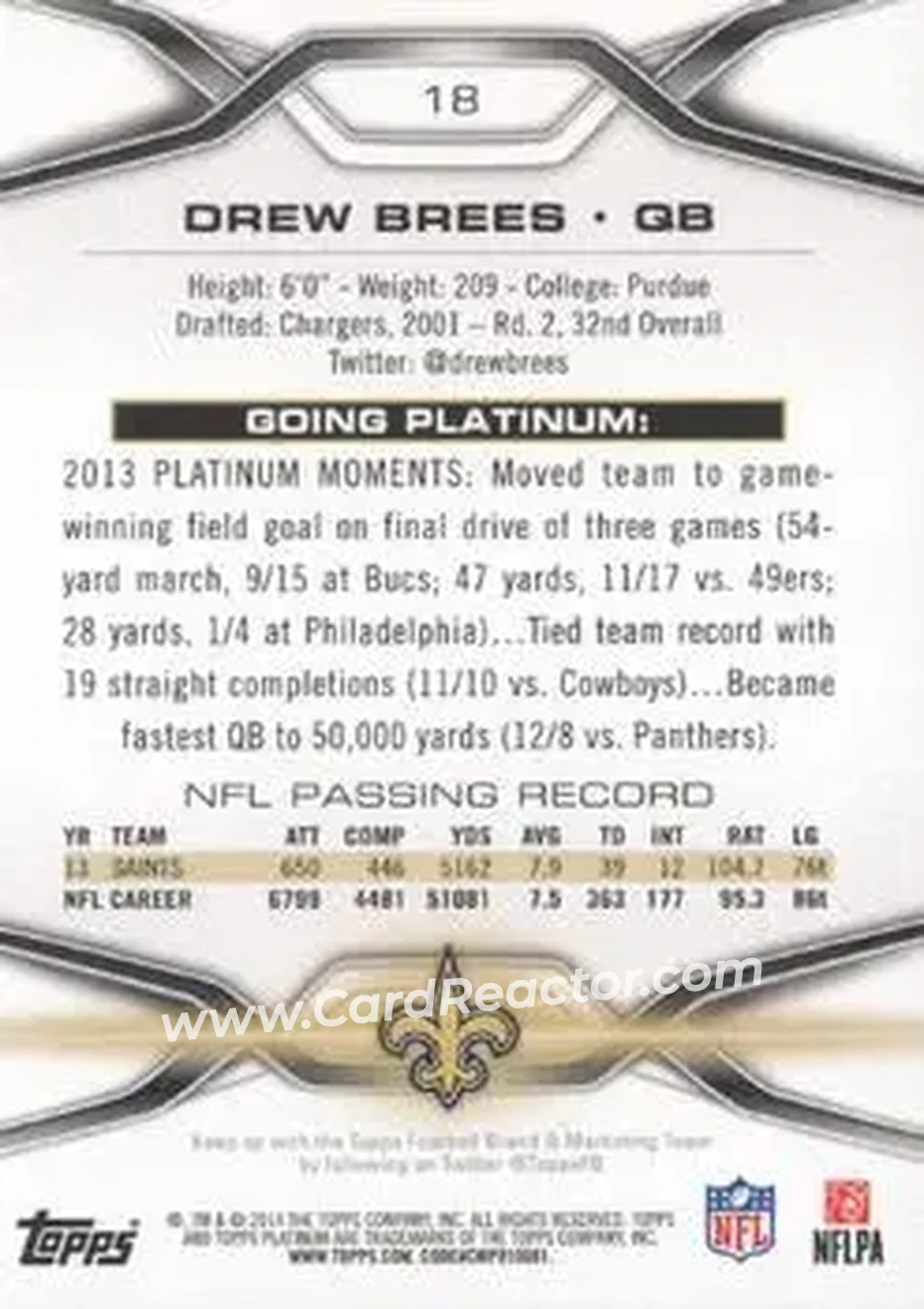 2014 Topps Platinum #18 - Drew Brees - New Orleans Saints - Back
