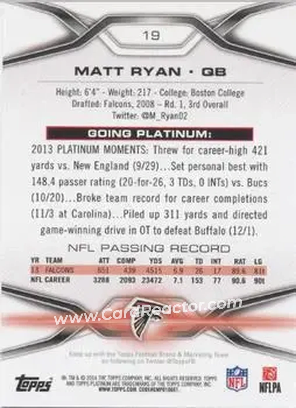 2014 Topps Platinum #19 - Matt Ryan - Atlanta Falcons - Back