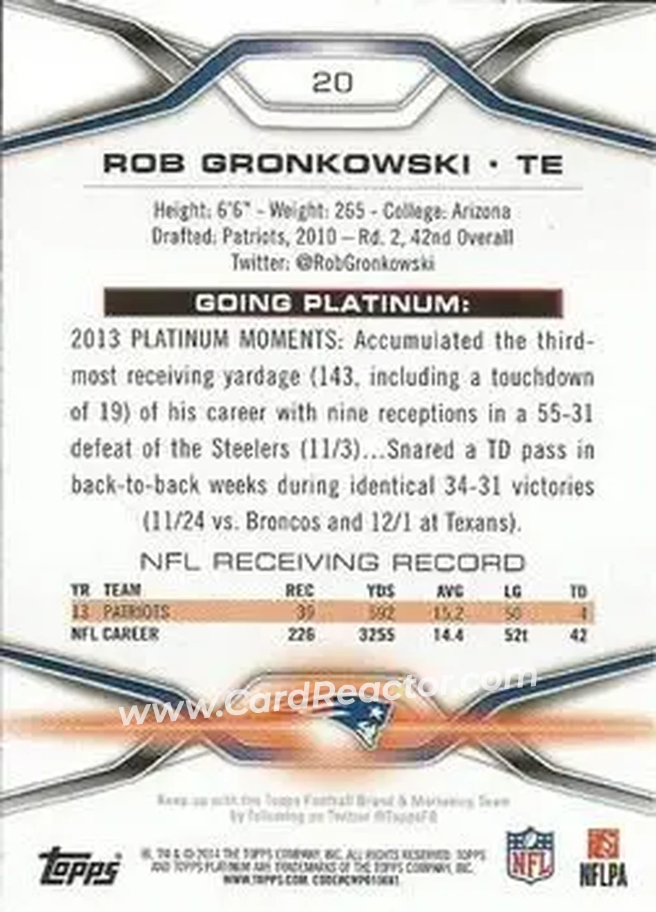2014 Topps Platinum #20 - Rob Gronkowski - New England Patriots - Back