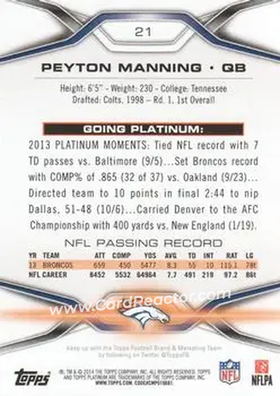 2014 Topps Platinum #21 - Peyton Manning - Denver Broncos - Back