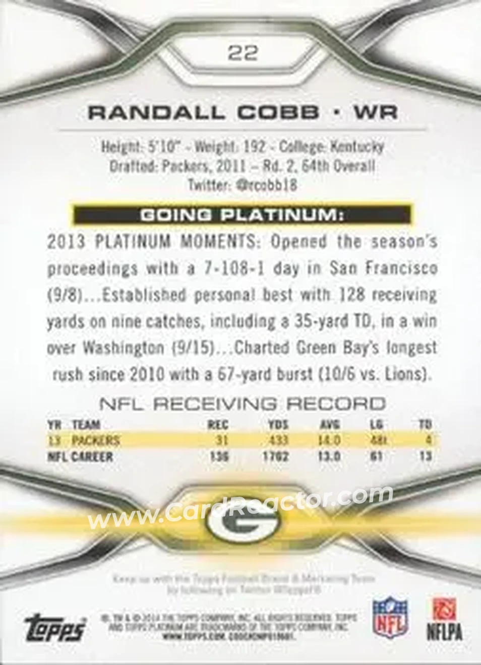 2014 Topps Platinum #22 - Randall Cobb - Green Bay Packers - Back
