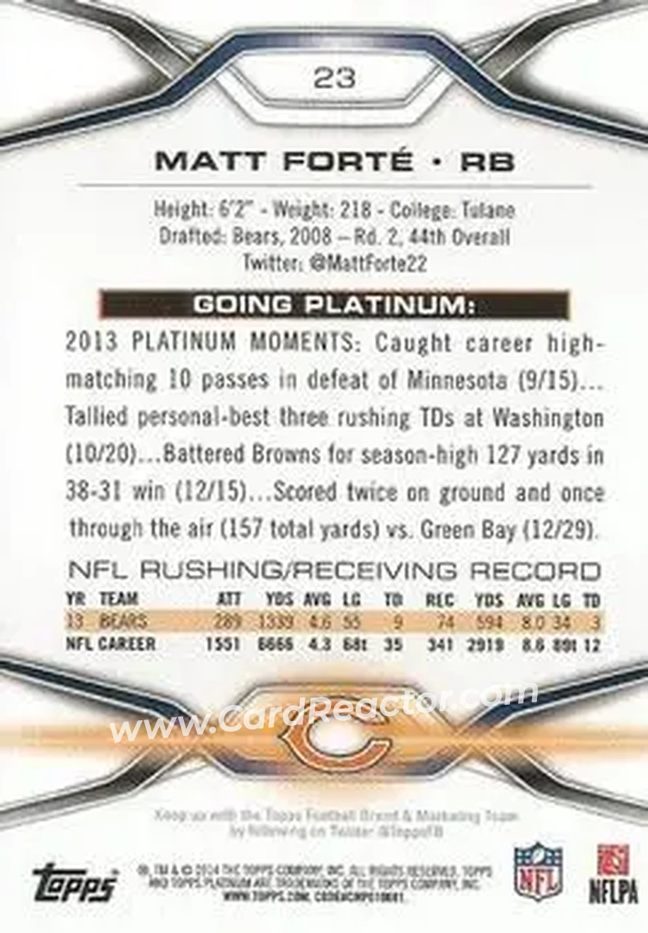 2014 Topps Platinum #23 - Matt Forte - Chicago Bears - Back