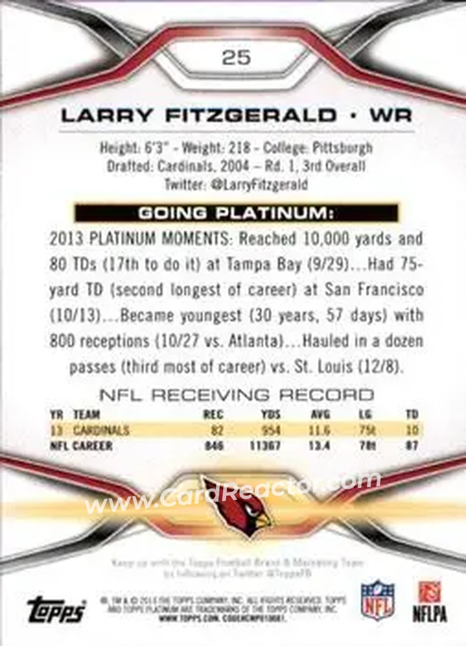 2014 Topps Platinum #25 - Larry Fitzgerald - Arizona Cardinals - Back 2014 Topps Platinum #25 - Larry Fitzgerald - Arizona Cardinals - Back