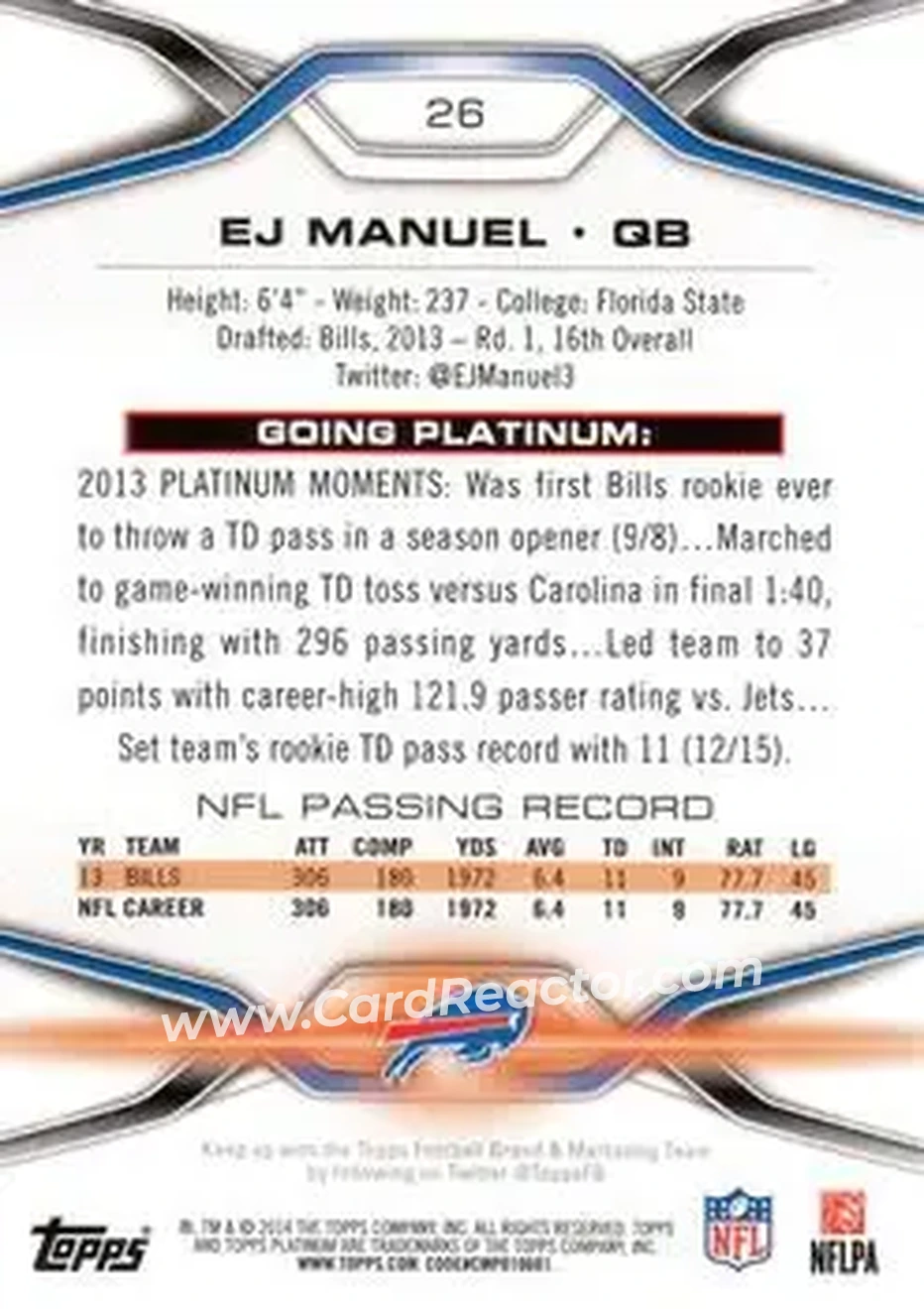 2014 Topps Platinum #26 - EJ Manuel - Buffalo Bills - Back