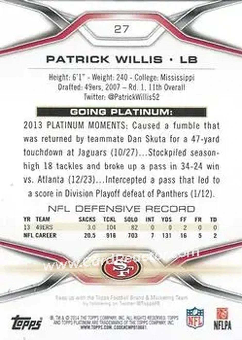 2014 Topps Platinum #27 - Patrick Willis - San Francisco 49ers - Back