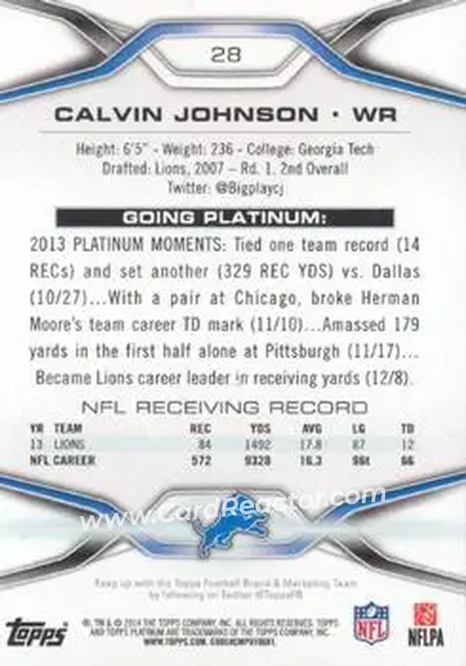 2014 Topps Platinum #28 - Calvin Johnson - Detroit Lions - Back