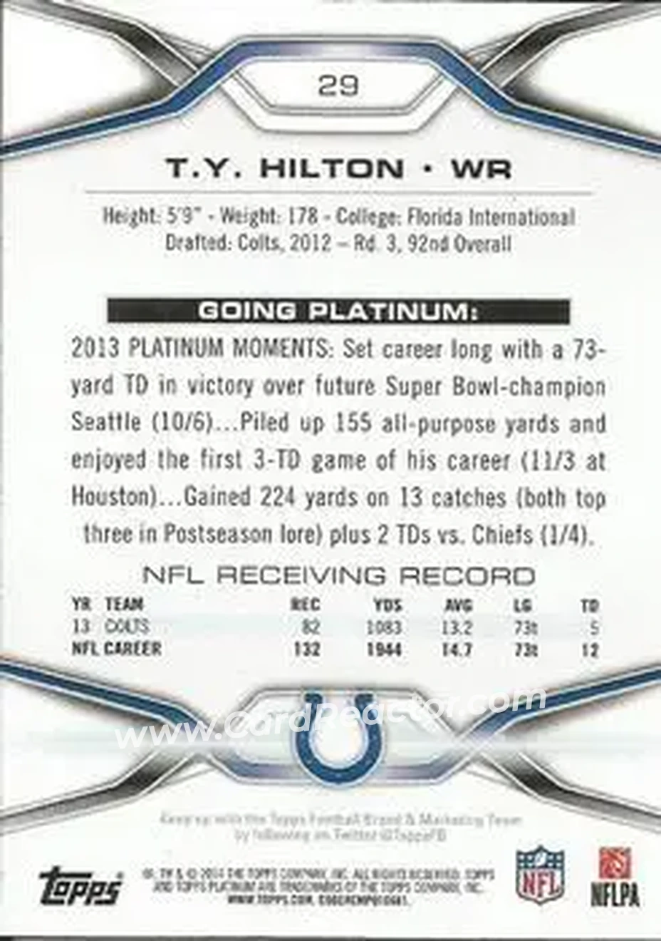 2014 Topps Platinum #29 - T.Y. Hilton - Indianapolis Colts - Back