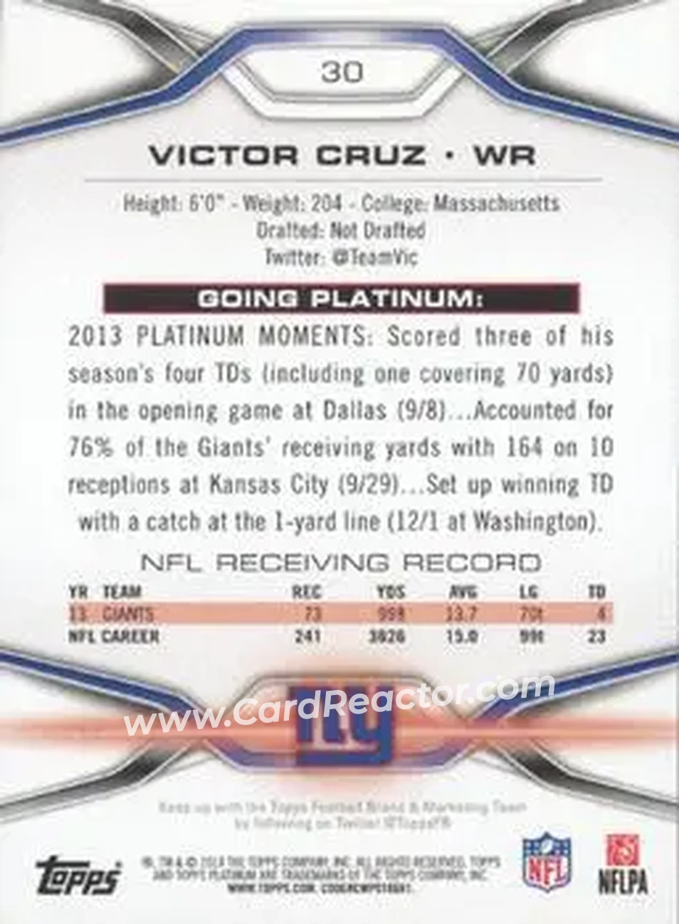 2014 Topps Platinum #30 - Victor Cruz - New York Giants - Back