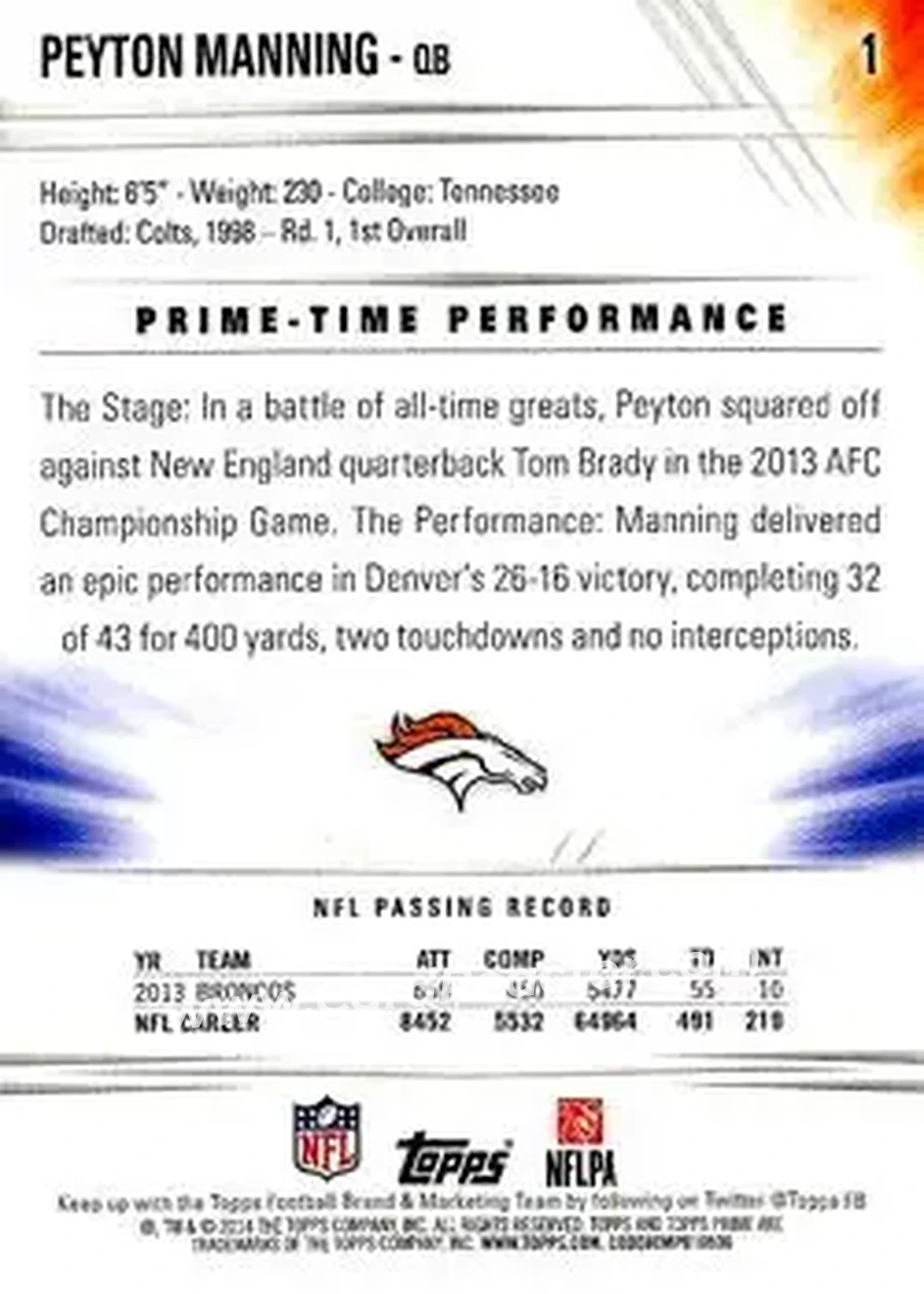 2014 Topps Prime #1a - Peyton Manning - Denver Broncos - Back 2014 Topps Prime #1a - Peyton Manning - Denver Broncos - Back