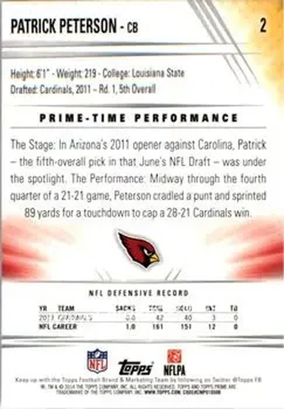 2014 Topps Prime #2 - Patrick Peterson - Arizona Cardinals - Back