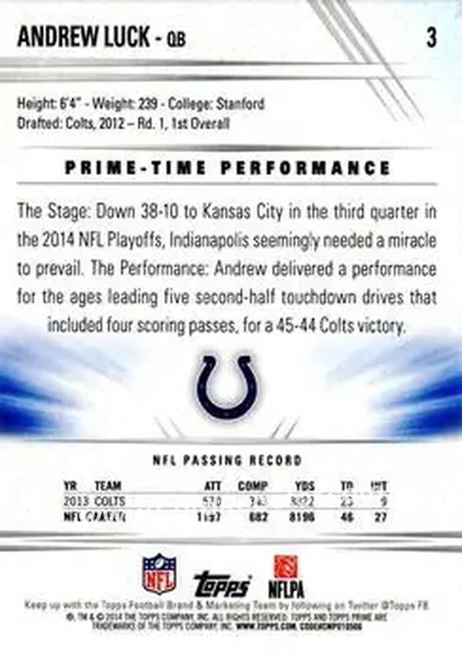 2014 Topps Prime #3a - Andrew Luck - Indianapolis Colts - Back
