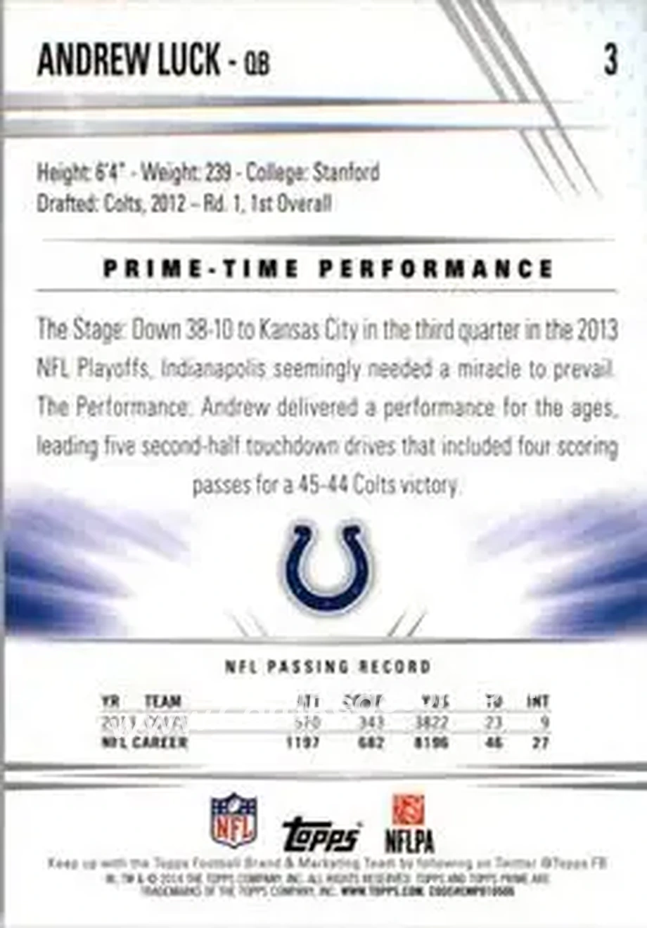 2014 Topps Prime #3b - Andrew Luck - Indianapolis Colts - Back