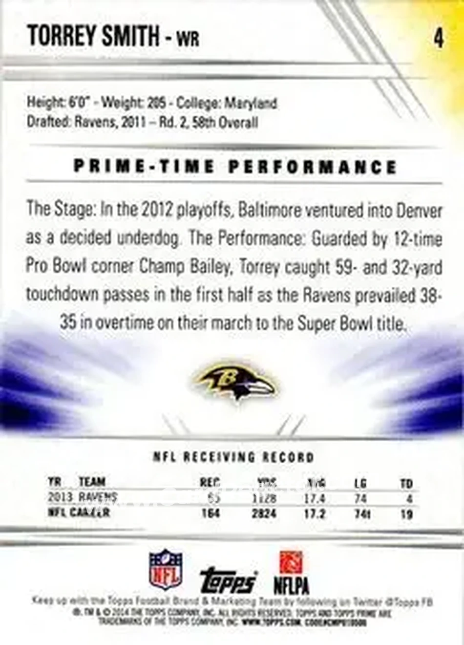 2014 Topps Prime #4a - Torrey Smith - Baltimore Ravens - Back