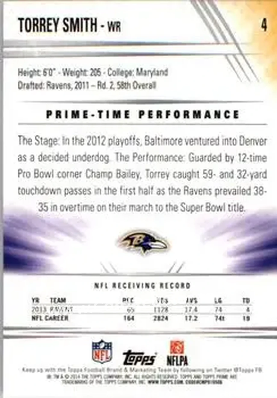 2014 Topps Prime #4b - Torrey Smith - Baltimore Ravens - Back