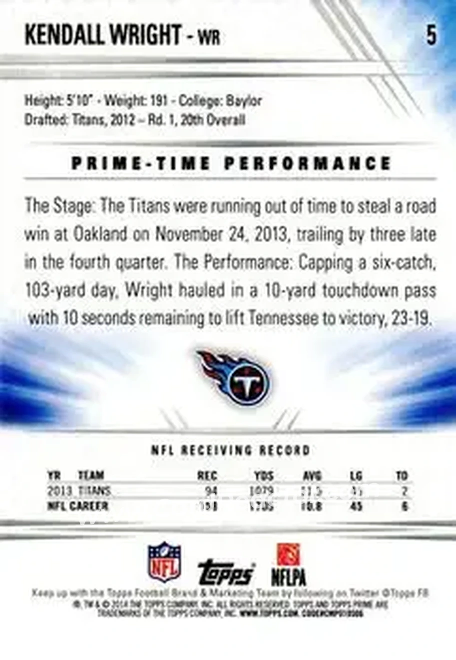 2014 Topps Prime #5a - Kendall Wright - Tennessee Titans - Back