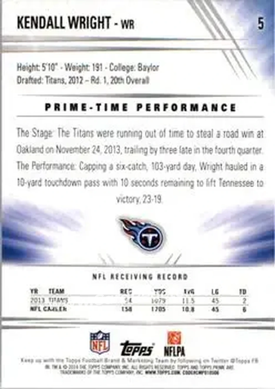 2014 Topps Prime #5b - Kendall Wright - Tennessee Titans - Back