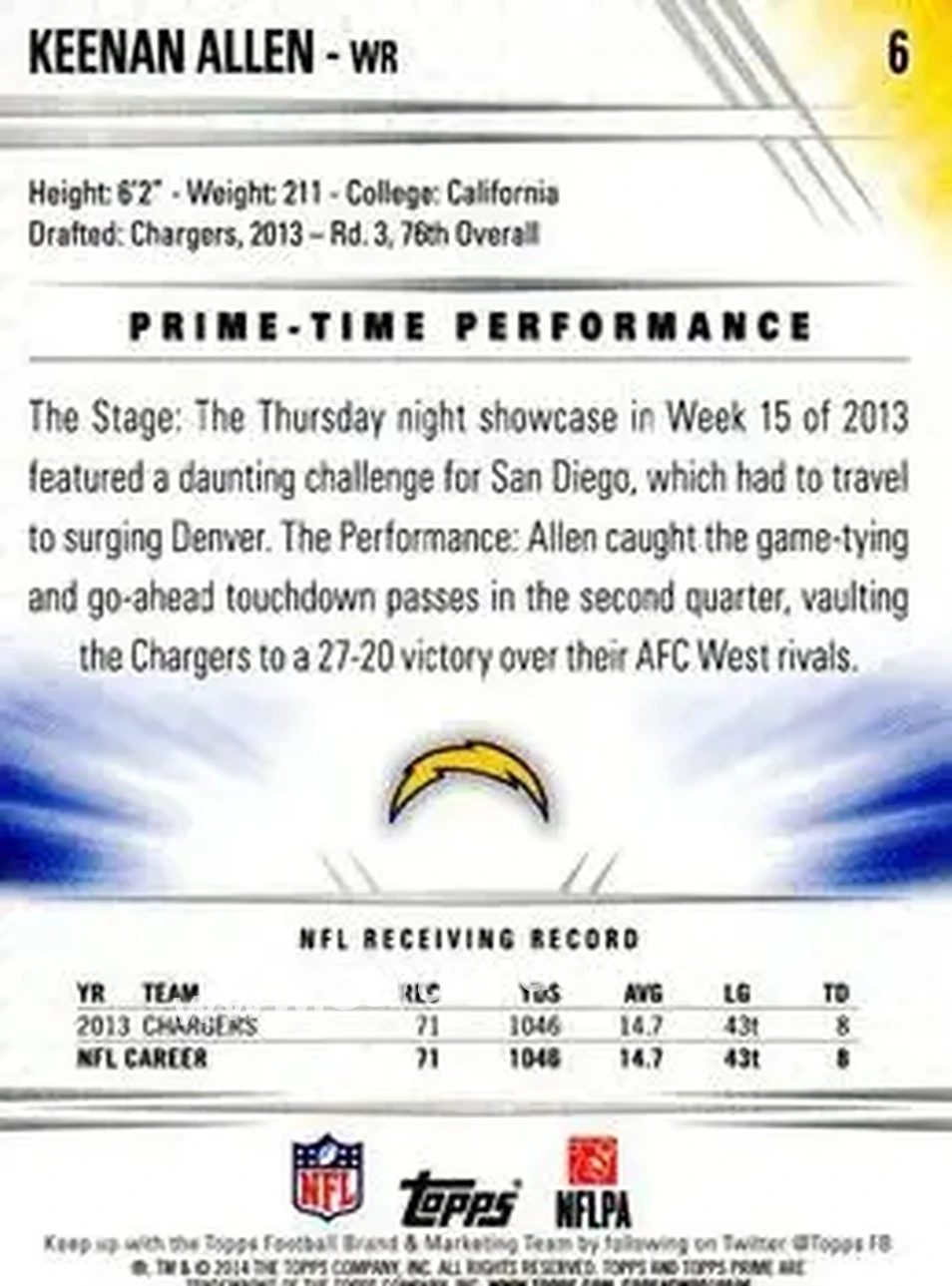 2014 Topps Prime #6 - Keenan Allen - San Diego Chargers - Back