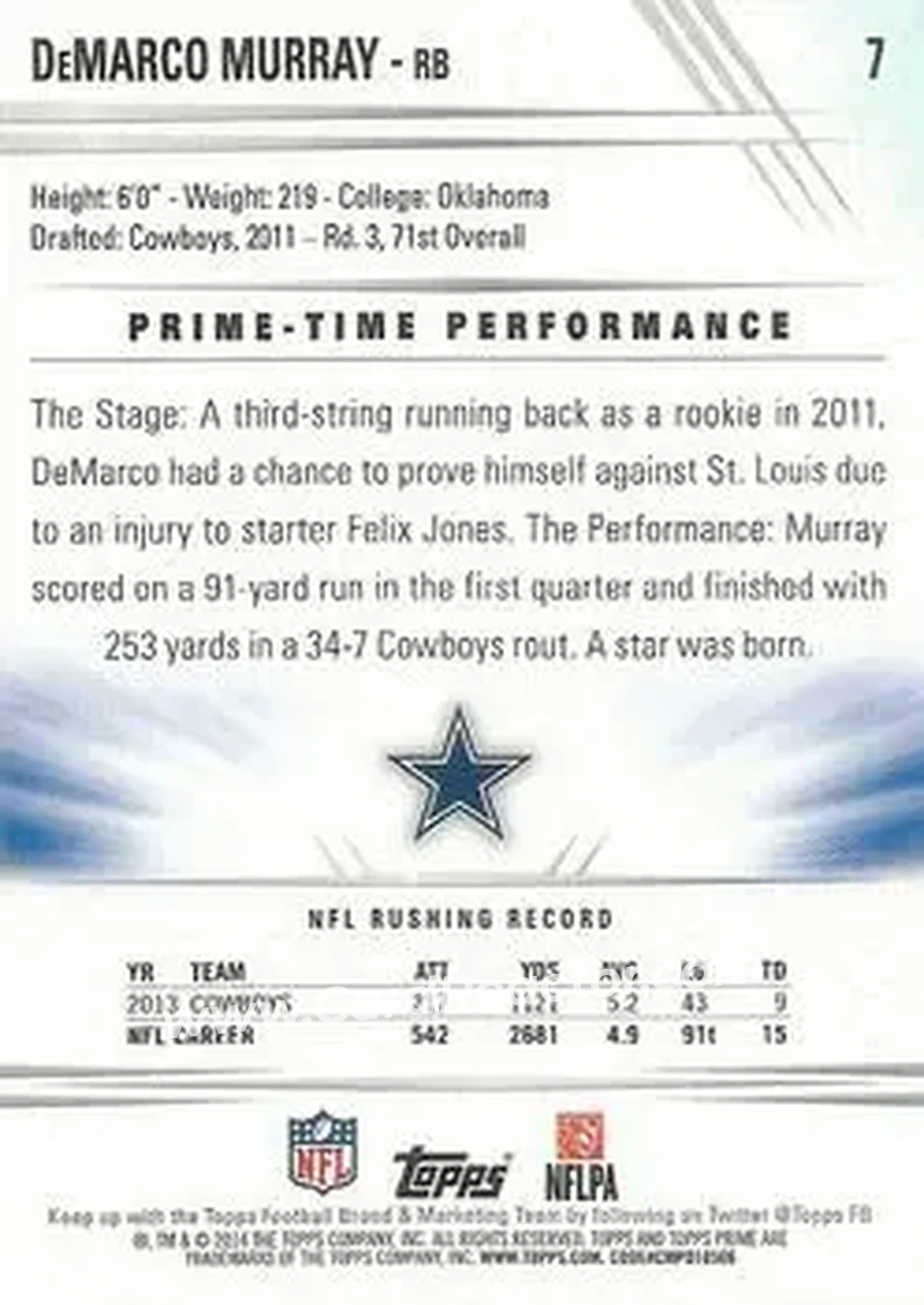 2014 Topps Prime #7 - DeMarco Murray - Dallas Cowboys - Back