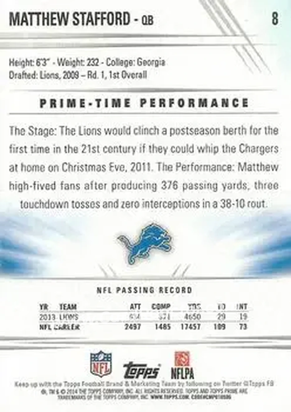 2014 Topps Prime #8a - Matthew Stafford - Detroit Lions - Back