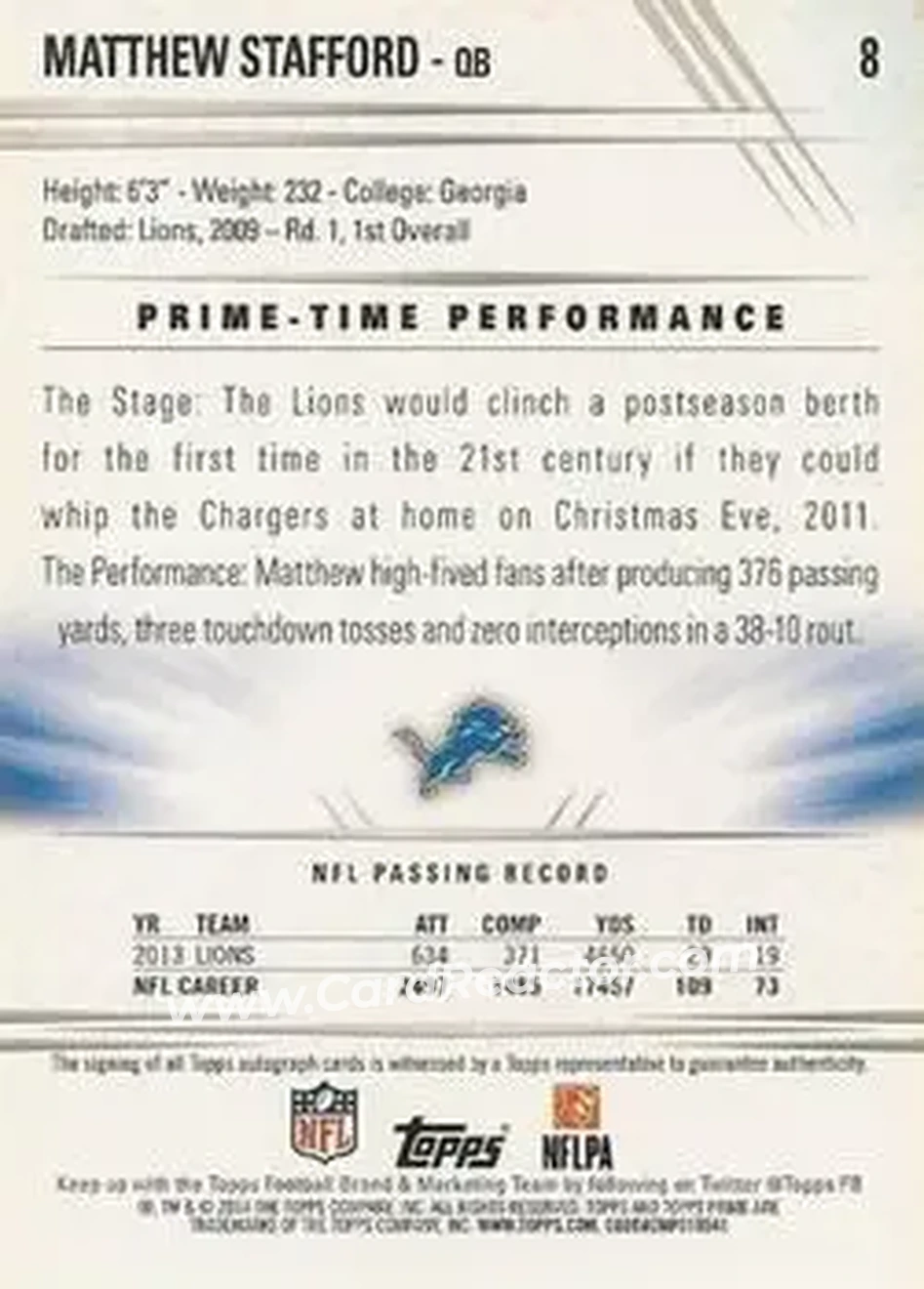 2014 Topps Prime #8b - Matthew Stafford - Detroit Lions - Back