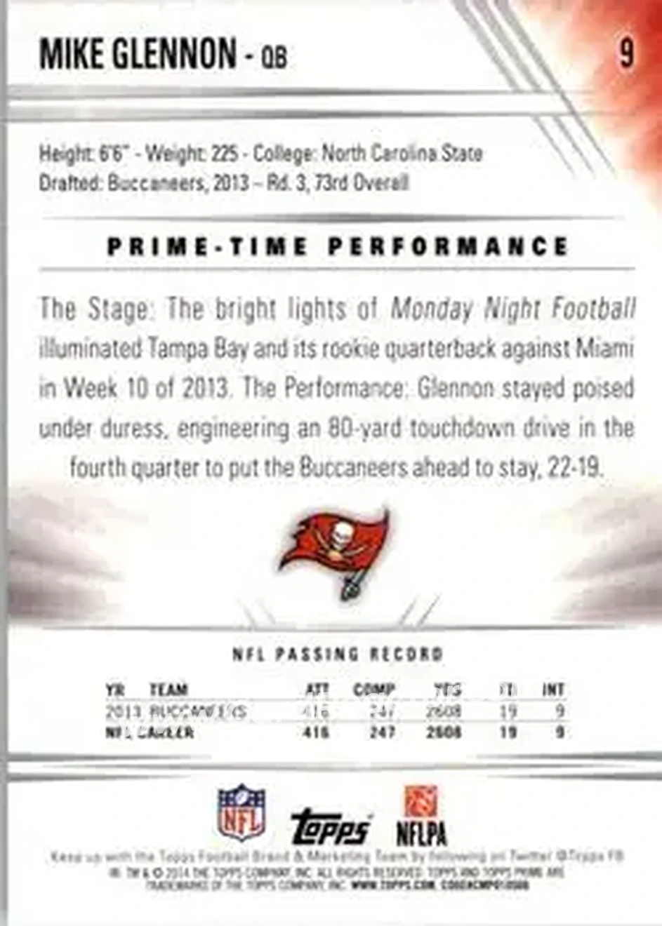 2014 Topps Prime #9 - Mike Glennon - Tampa Bay Buccaneers - Back