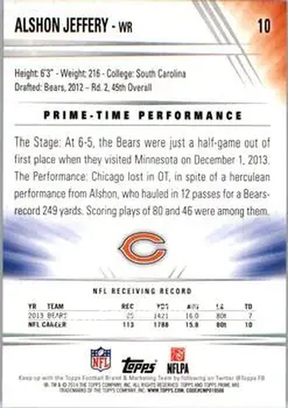 2014 Topps Prime #10a - Alshon Jeffery - Chicago Bears - Back