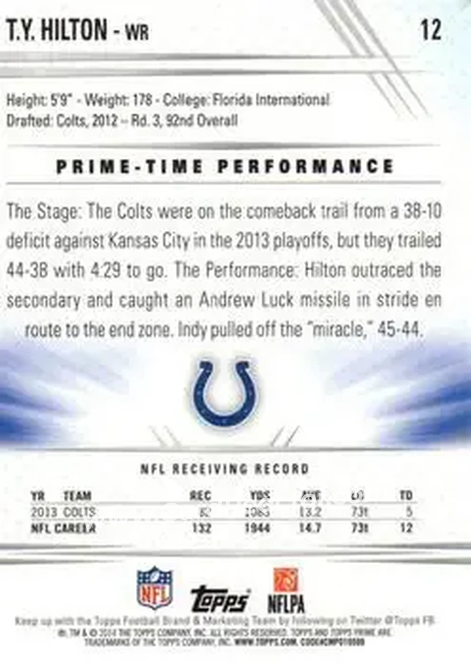 2014 Topps Prime #12a - T.Y. Hilton - Indianapolis Colts - Back