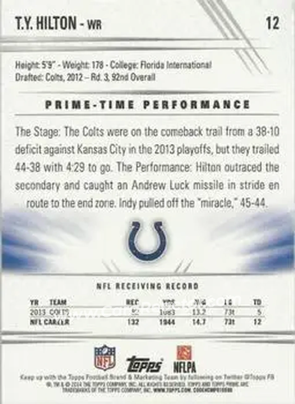 2014 Topps Prime #12b - T.Y. Hilton - Indianapolis Colts - Back
