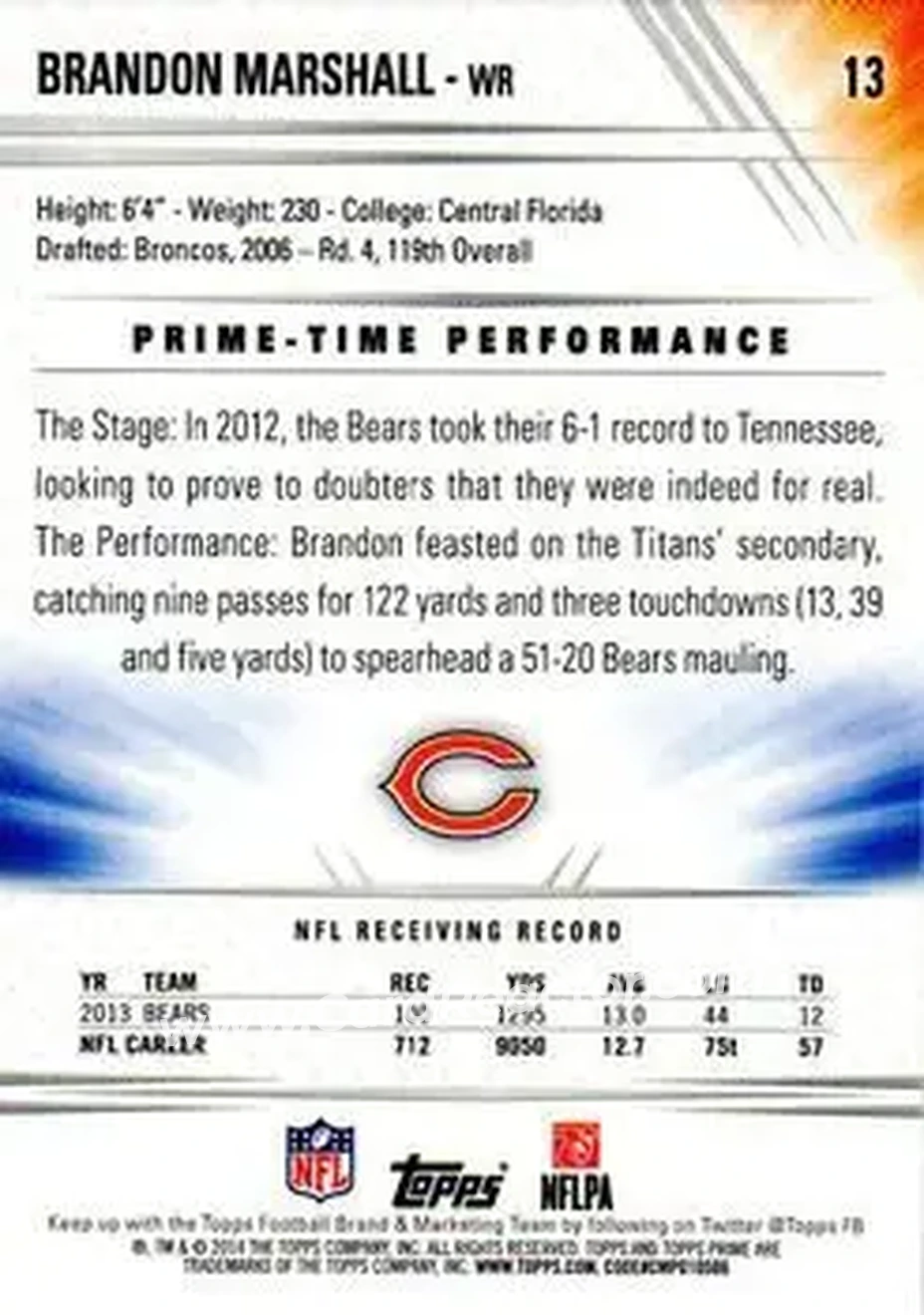 2014 Topps Prime #13a - Brandon Marshall - Chicago Bears - Back