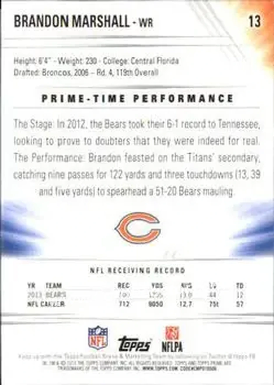 2014 Topps Prime #13b - Brandon Marshall - Chicago Bears - Back