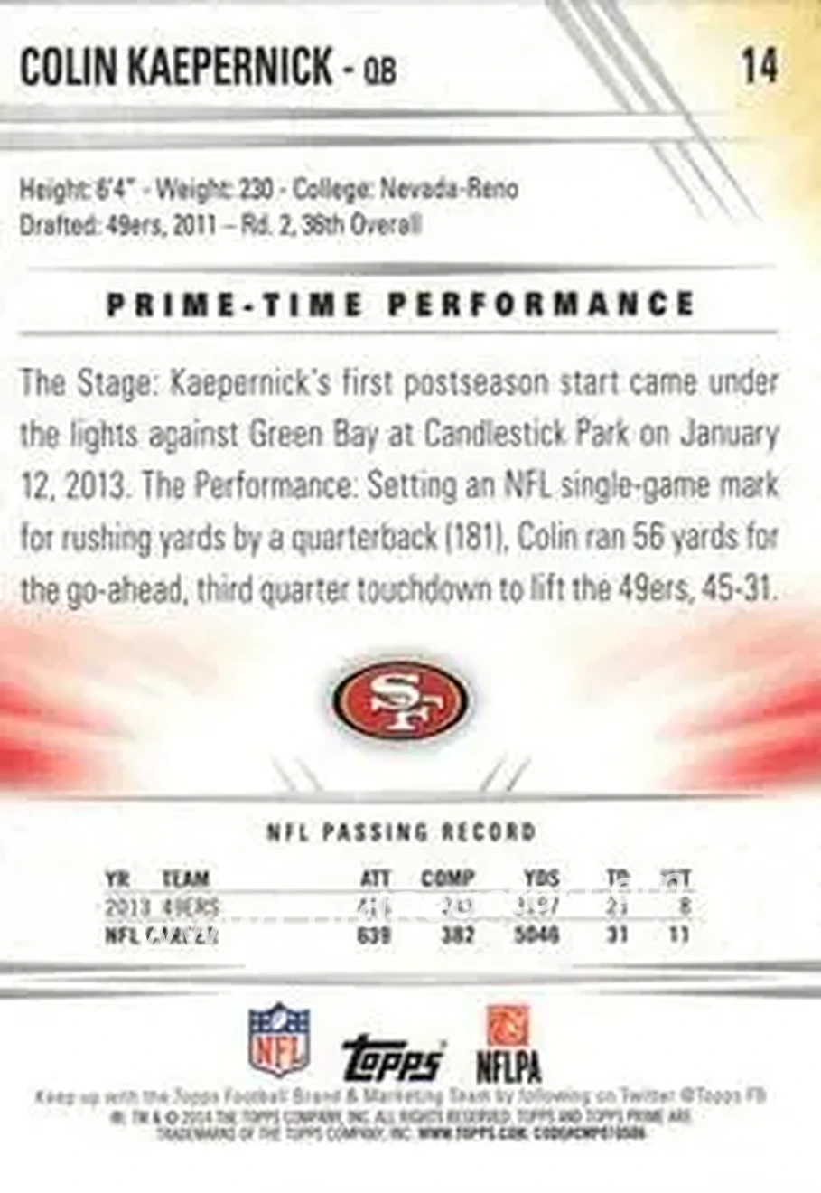 2014 Topps Prime #14a - Colin Kaepernick - San Francisco 49ers - Back