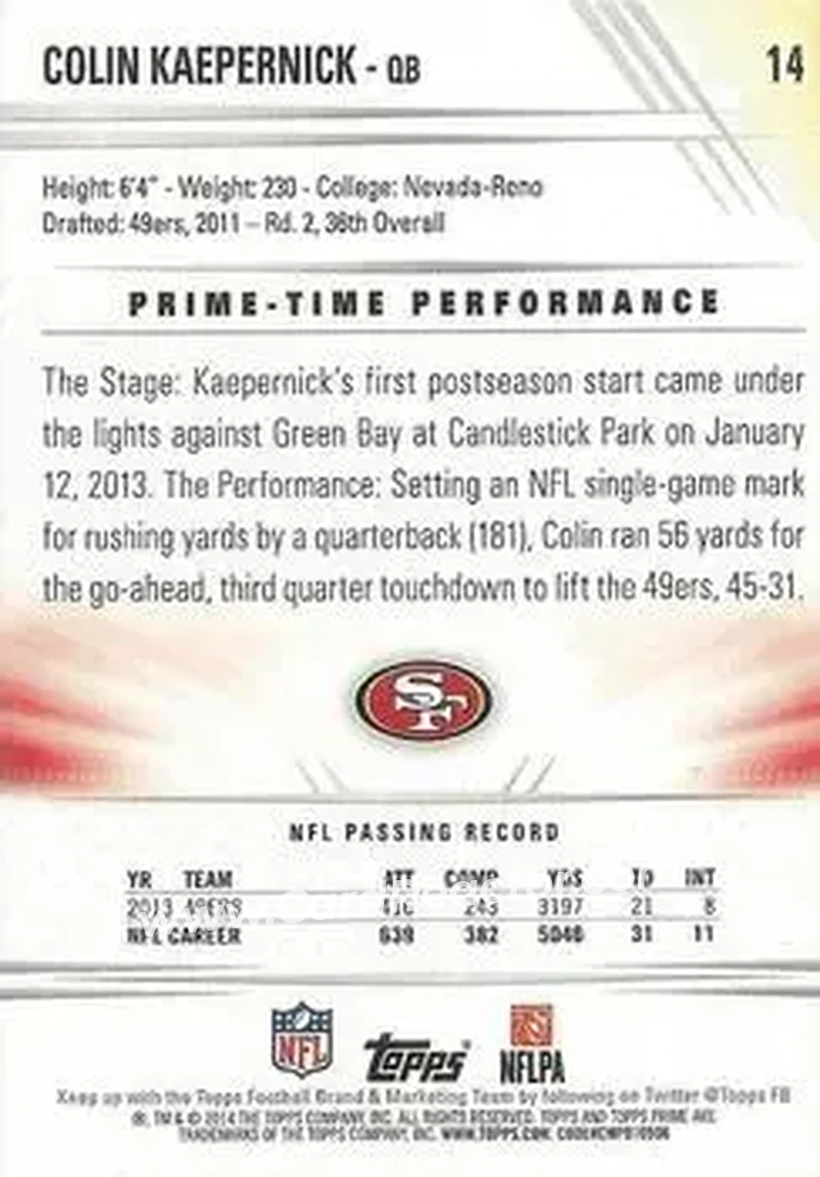 2014 Topps Prime #14b - Colin Kaepernick - San Francisco 49ers - Back