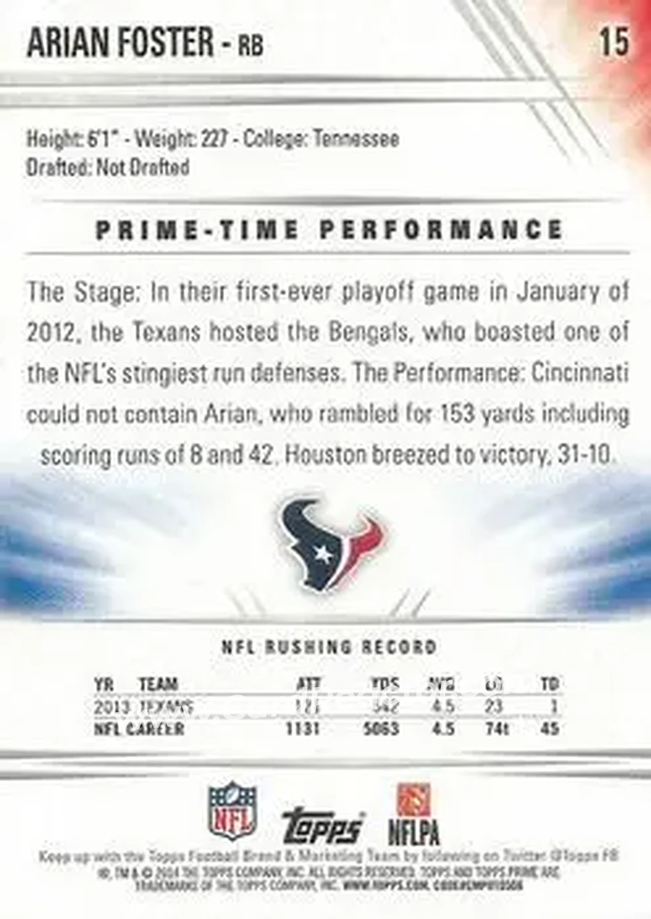 2014 Topps Prime #15 - Arian Foster - Houston Texans - Back