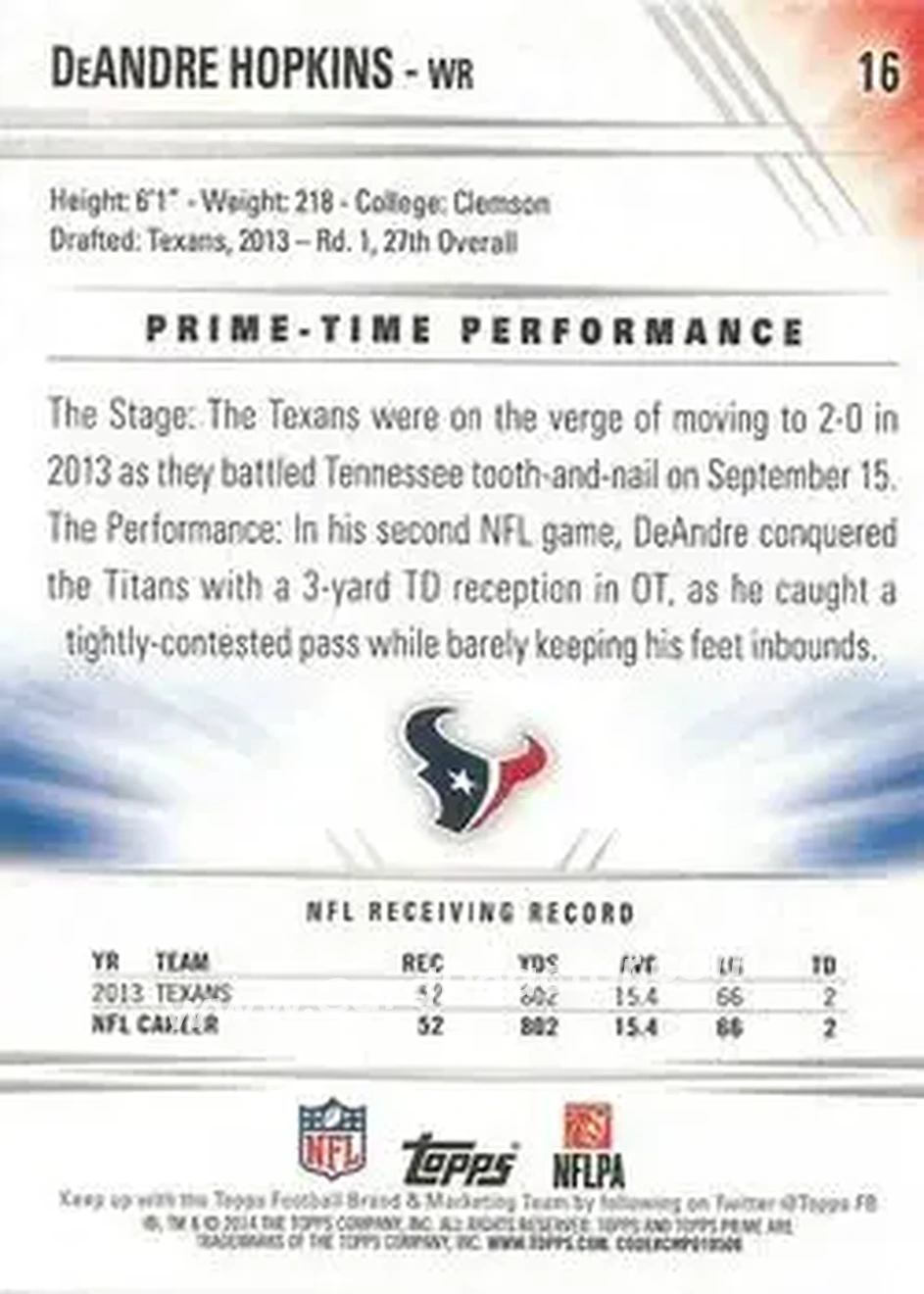 2014 Topps Prime #16 - DeAndre Hopkins - Houston Texans - Back