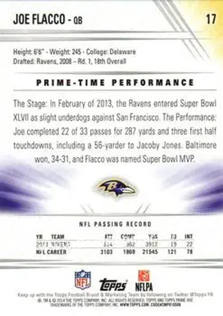 2014 Topps Prime #17 - Joe Flacco - Baltimore Ravens - Back