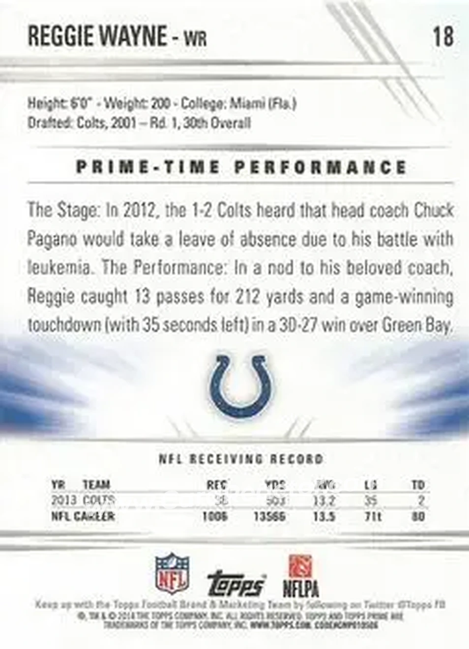2014 Topps Prime #18 - Reggie Wayne - Indianapolis Colts - Back
