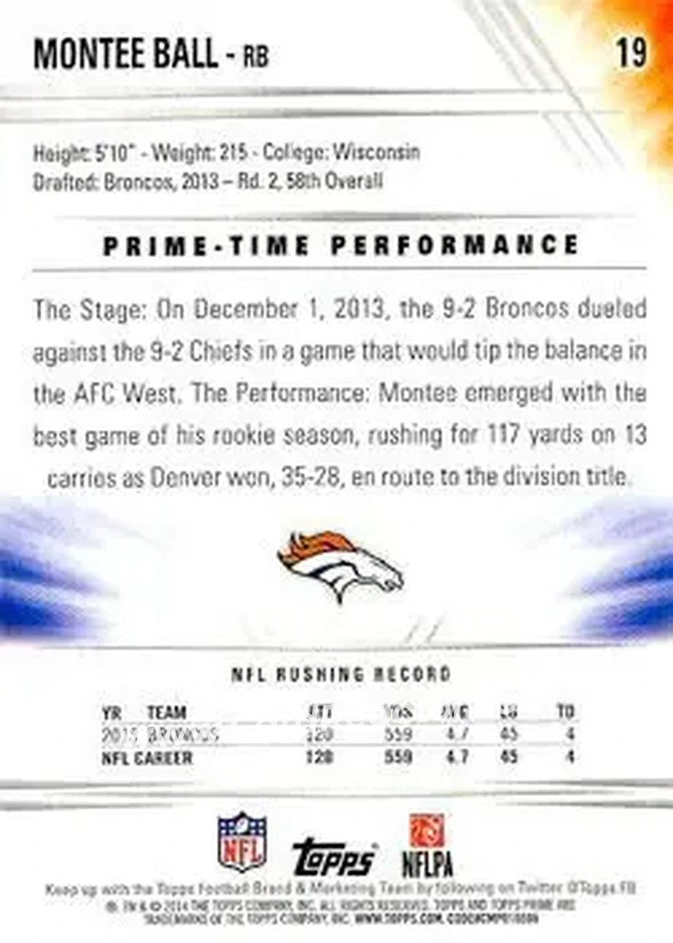 2014 Topps Prime #19 - Montee Ball - Denver Broncos - Back
