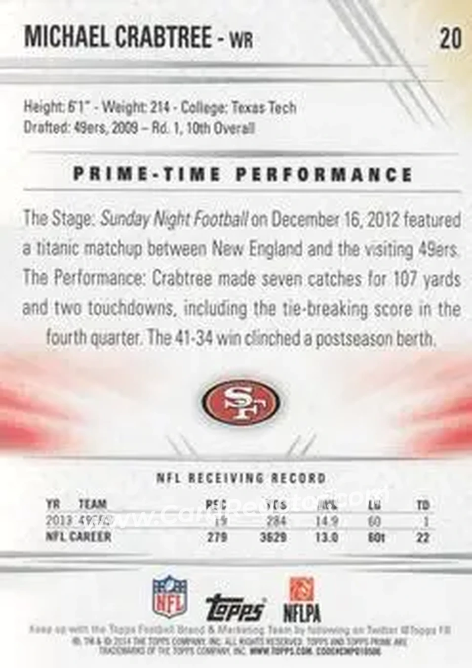 2014 Topps Prime #20b - Michael Crabtree - San Francisco 49ers - Back