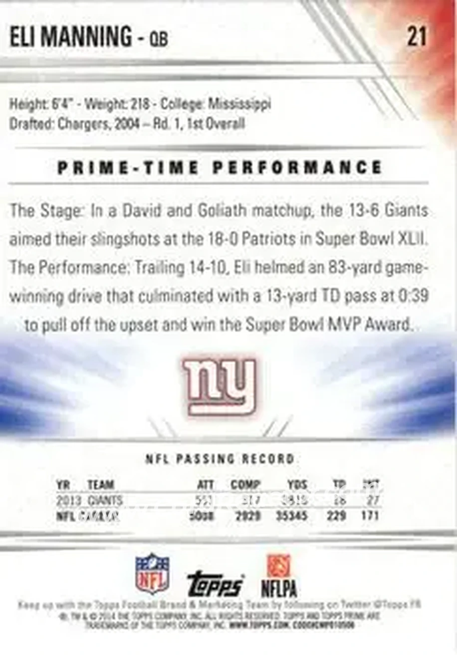2014 Topps Prime #21 - Eli Manning - New York Giants - Back