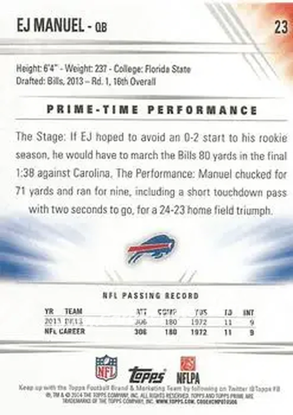 2014 Topps Prime #23 - EJ Manuel - Buffalo Bills - Back