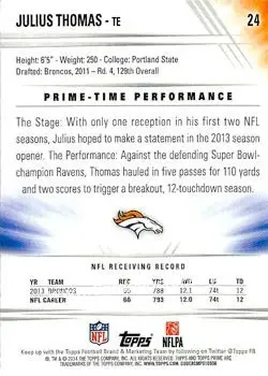 2014 Topps Prime #24 - Julius Thomas - Denver Broncos - Back